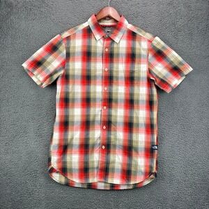 The North Face Mens Short Sleeve Plaid Button Down Shirt Red Tan Small